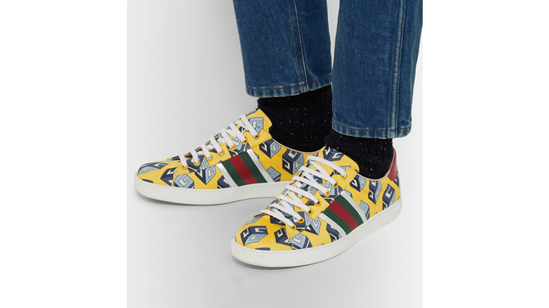 Gucci Ace Metallic Leather-Trimmed Printed Satin Yellow Mr. Porter Exclusive