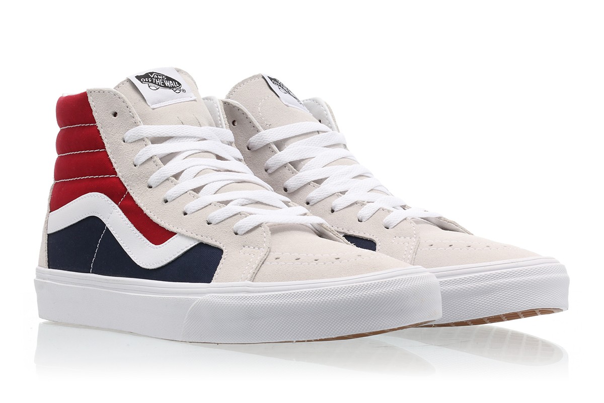 red white and blue low top vans