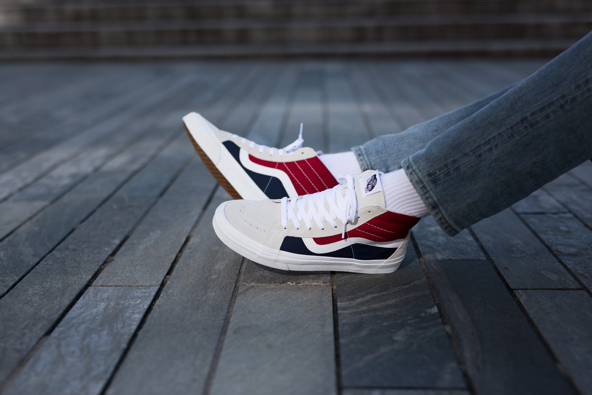 white red and blue vans