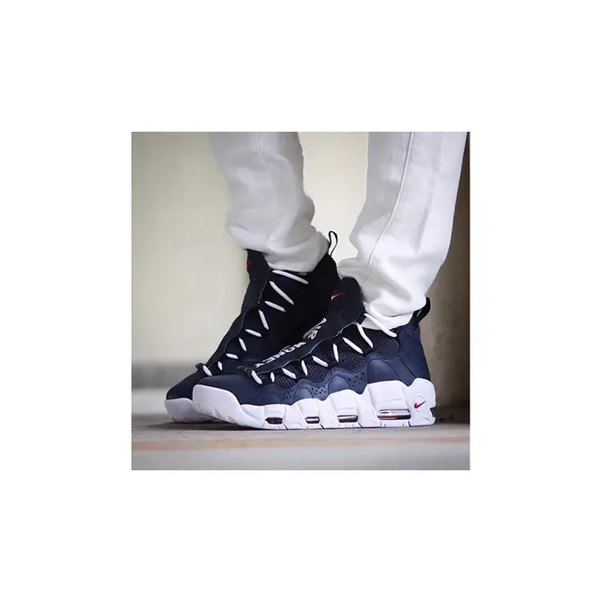 Nike air more money blue best sale and white