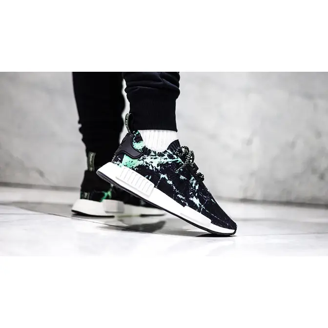 Adidas black green and white shop nmd r1 marble primeknit sneakers