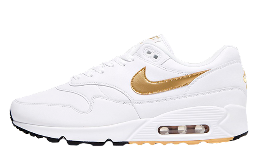 white air max with gold tick