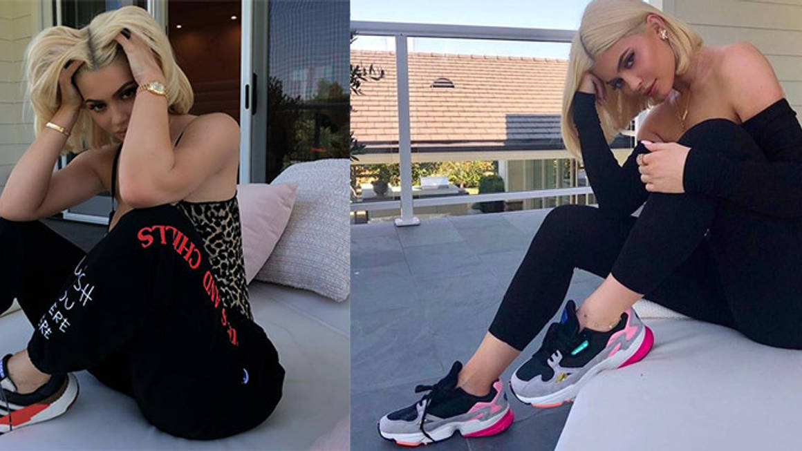 Kylie Jenner Wears Red Bodysuit, Adidas Falcon Sneakers in Los