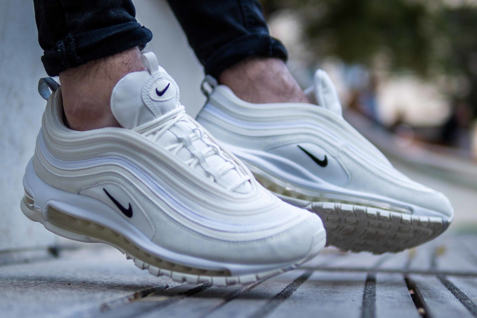 air max 97 reflective logo cream on feet