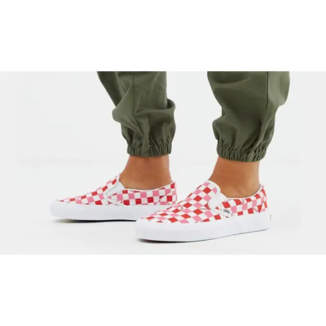 Pink and white checkered vans slip ons on sale