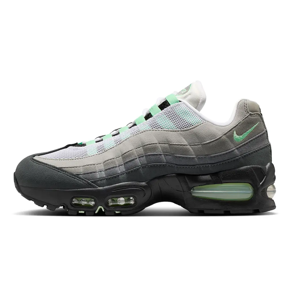 Nike Air Max 95 Fresh Mint 2026 lateral view showing grey gradient overlay panels and Fresh Mint lace loop accents
