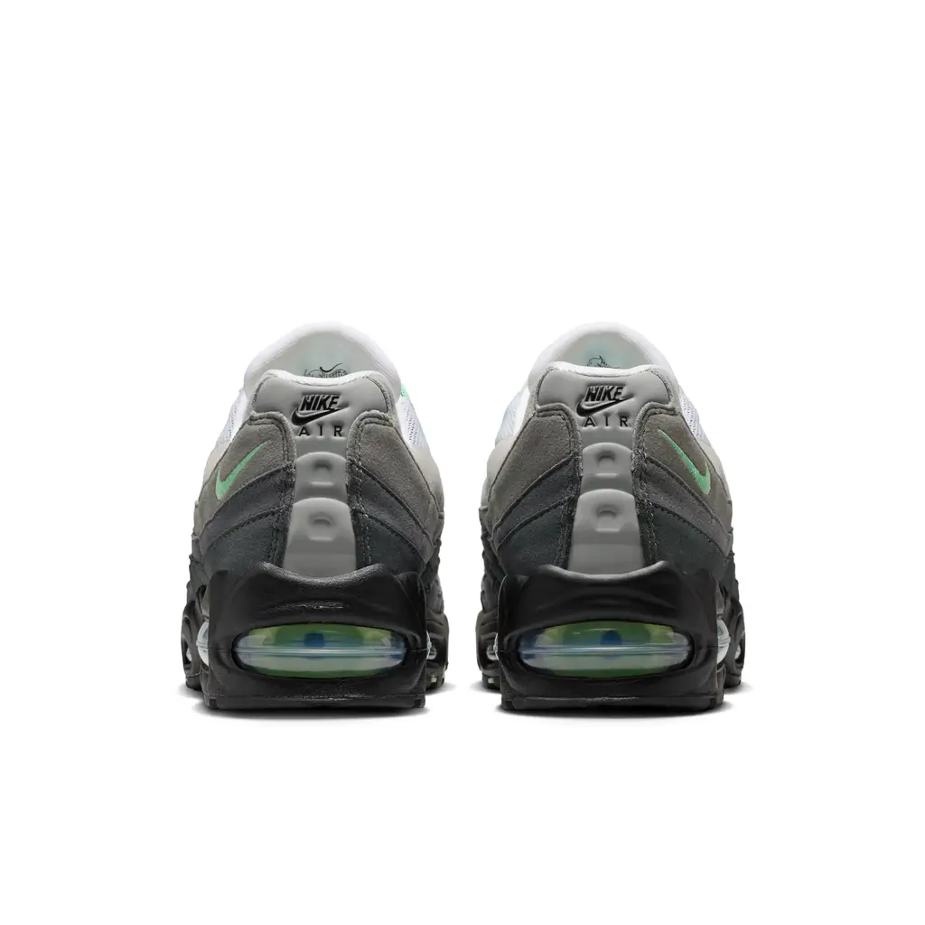 Nike Air Max 95 Fresh Mint 2026 heel view showing black heel tab with Nike Air stamp and Big Bubble Air unit