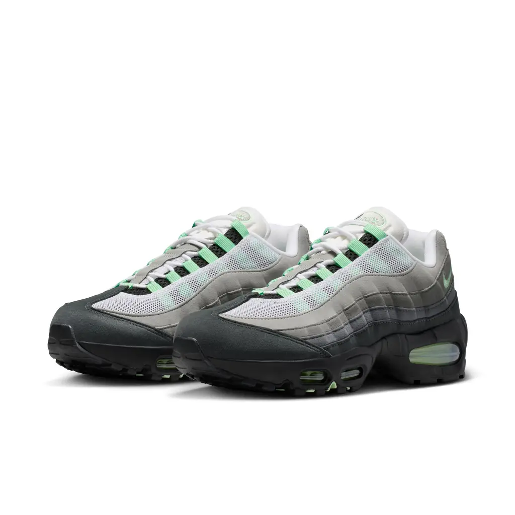 Nike Air Max 95 Fresh Mint HJ5996-005 2026 hero image showing white mesh upper with grey gradient overlays and Fresh Mint accent details