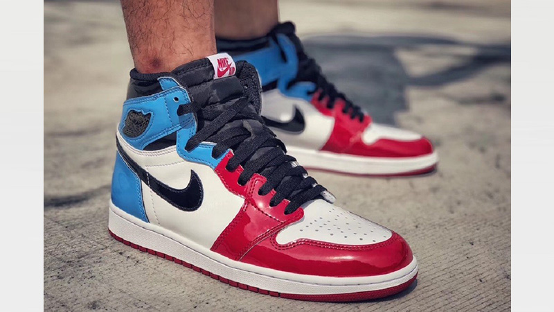 shiny red and blue jordan 1