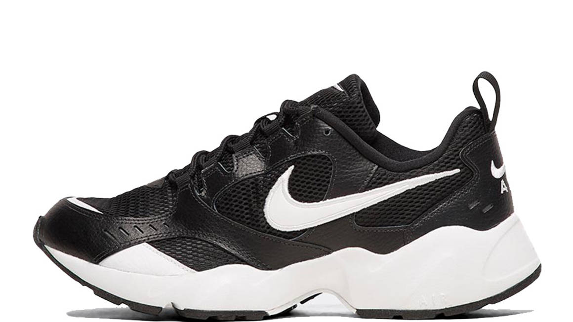 nike white and black air heights trainers