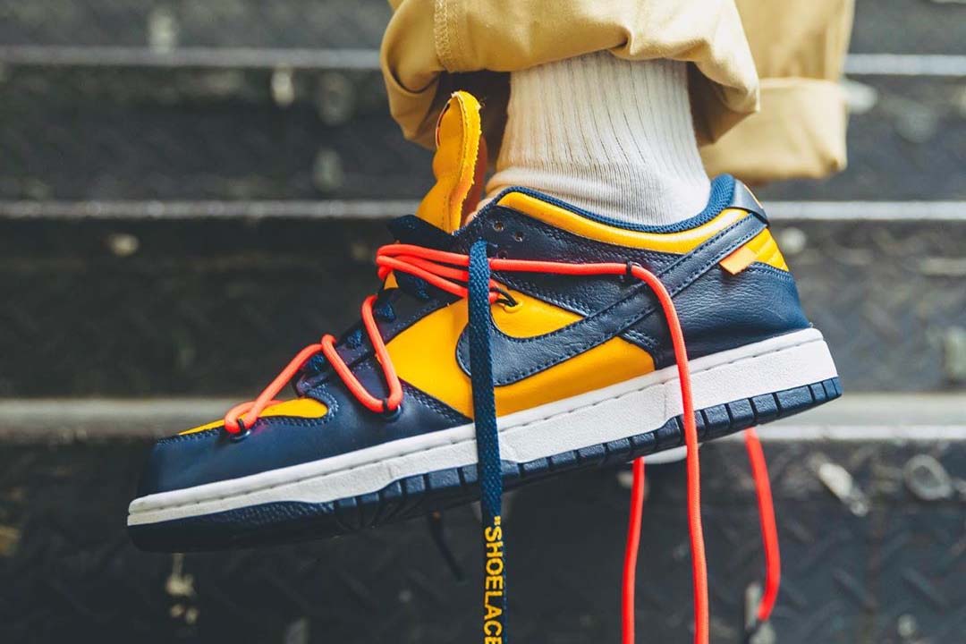 off white nike dunk low on feet