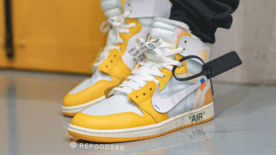 Off-White x Air Jordan 1 Canary Yellow On Foot Front