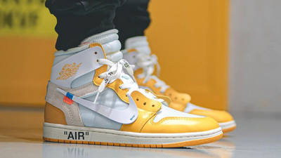 Off-White x Air Jordan 1 Canary Yellow On Foot Side
