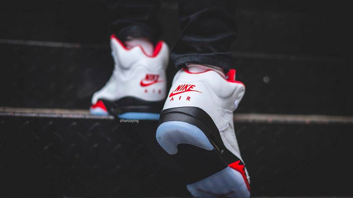fire red 5s 2020 on feet