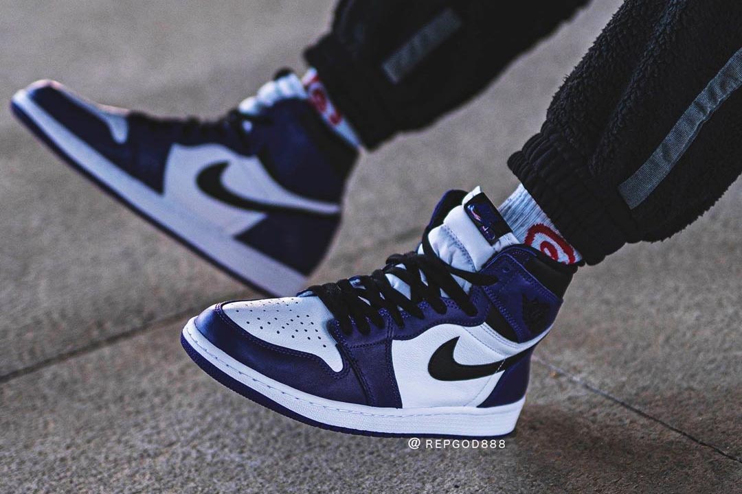 jordan 1 retro high court purple white on feet
