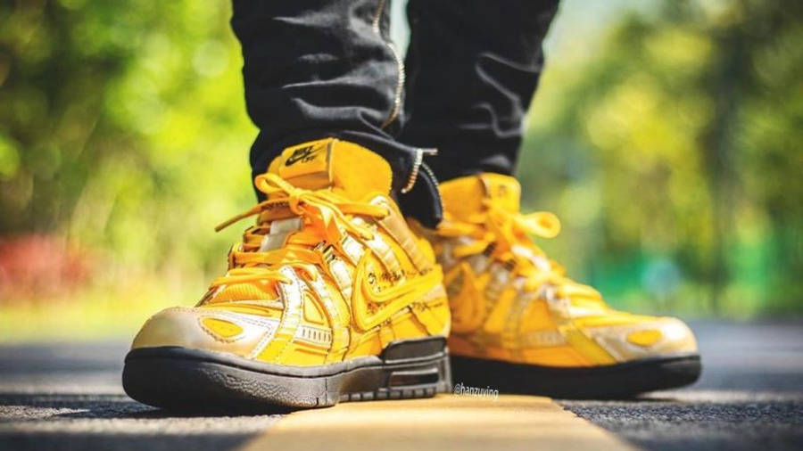 Off-White x Nike Rubber Dunk University Gold On Foot Front