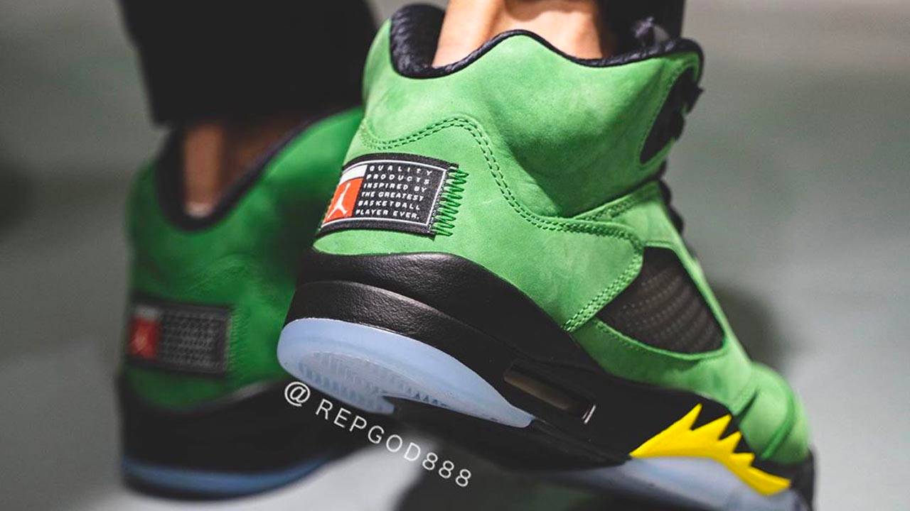 jordan 5 green apple on feet