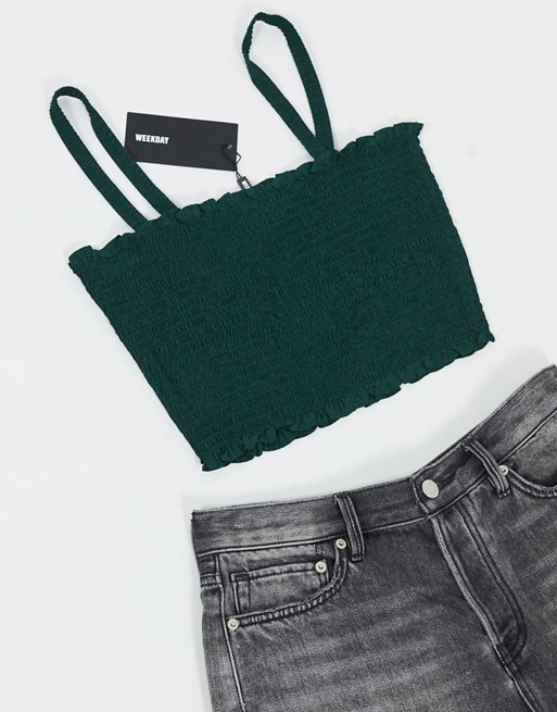 Weekday Kayden shirred crop top in dark green