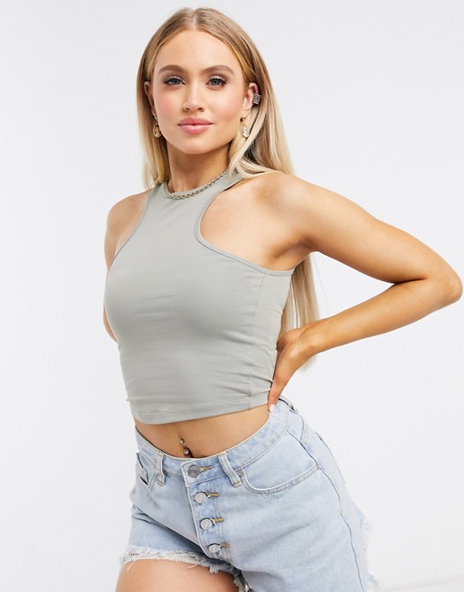 ASOS DESIGN racer front crop top in khaki