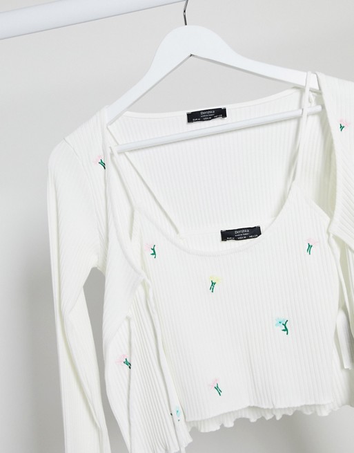 Bershka flower embroderied vest and cardigan co-ord in white
