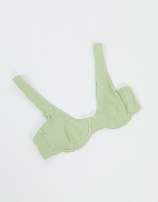 Monki Minelli recycled polyester wired bikini top in sage green