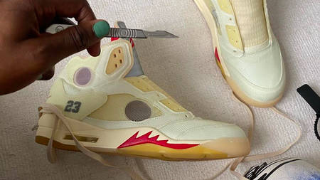 Up Close With the Off-White x Air Jordan 5 "Sail" Up Close With the Off-White x Air Jordan 5 "Sail"