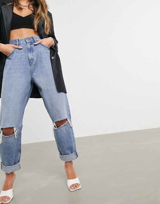 ASOS Design Mom Jeans Rip Mid Wash Blue