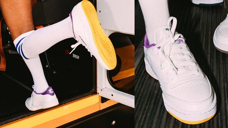 Eric Emanuel x Reebok Club C 85 White Purple Yellow On Foot