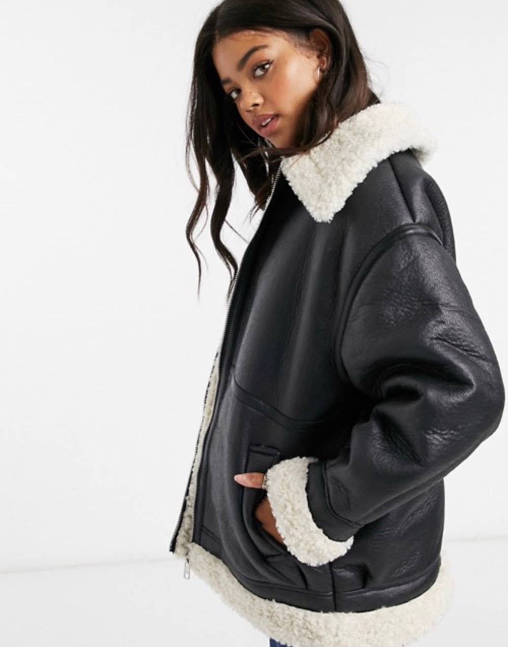 ASOS DESIGN oversized bonded borg aviator jacket in black