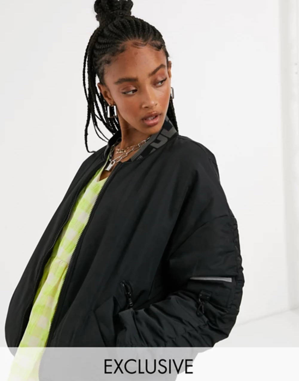 COLLUSION Unisex MA1 bomber jacket with ruched sleeve detail in black