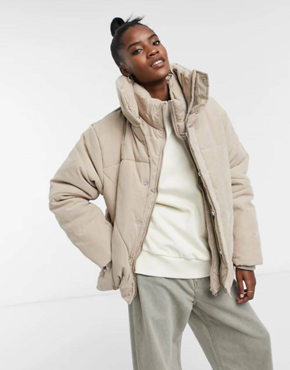 COLLUSION Unisex double layered peach skin puffer jacket n mocha