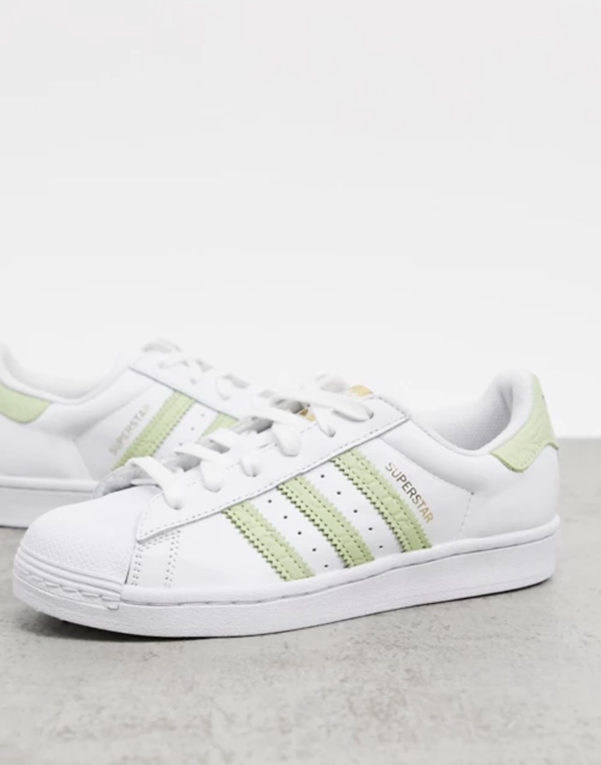 adidas Originals Superstar trainers in white with green detailing