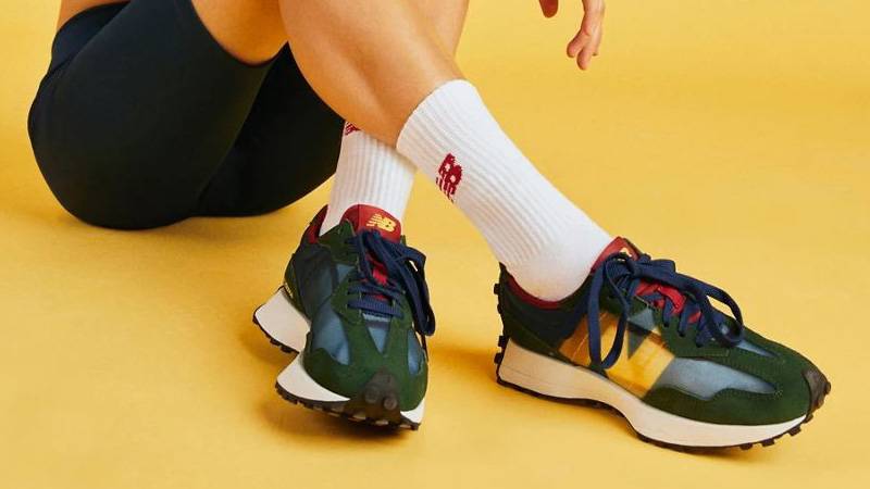 New Balance 327 Navy Yellow On Foot Front