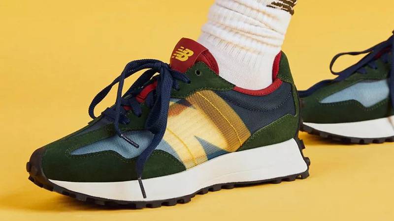 New Balance 327 Navy Yellow On Foot Side