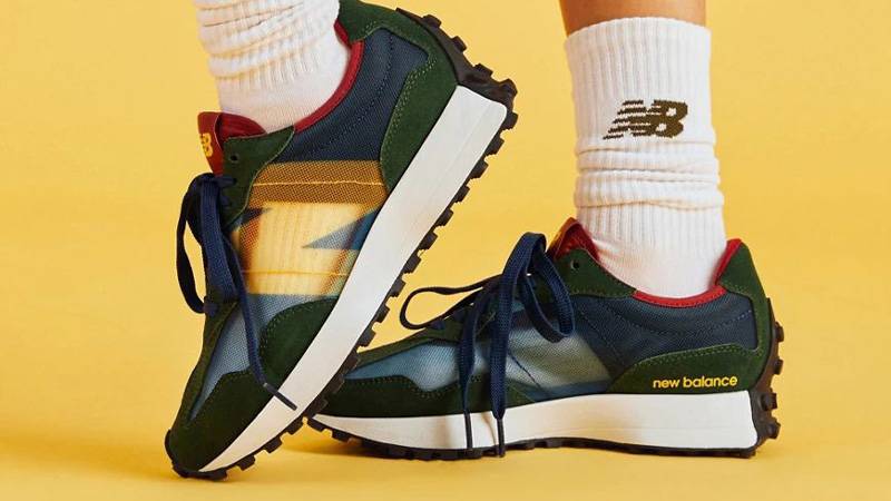 New Balance 327 Navy Yellow On Foot