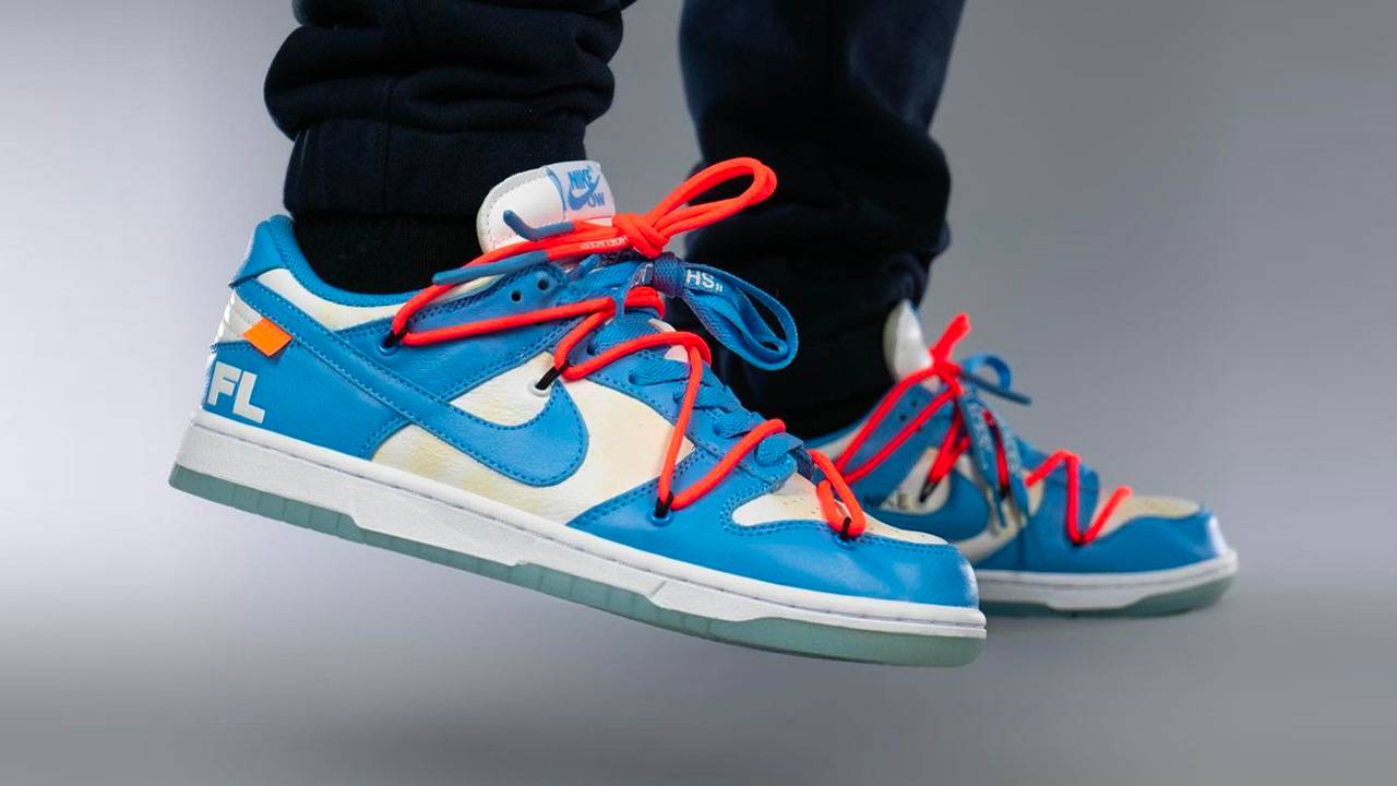 off white nike dunk low on feet