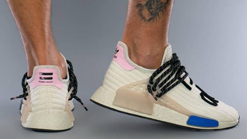 Pharrell x adidas NMD Hu Cream Blue Pink On Foot Back