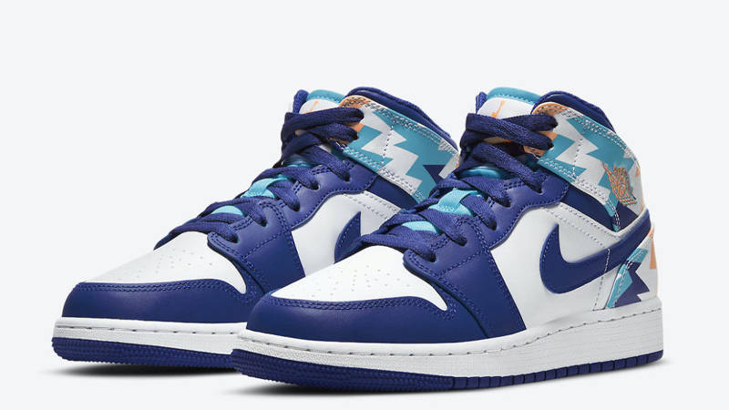 Jordan 1 Mid GS Geometric Print White Blue