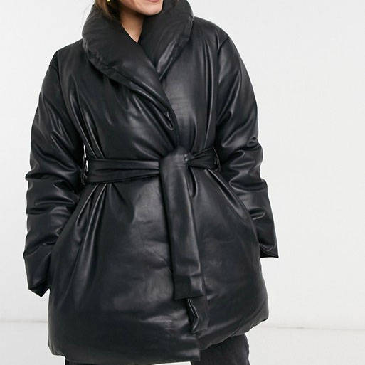 ASOS DESIGN leather look belted puffer jacket in black