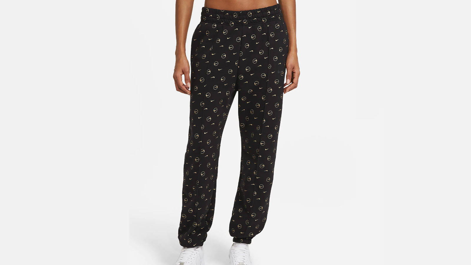 black nike joggers with gold logo