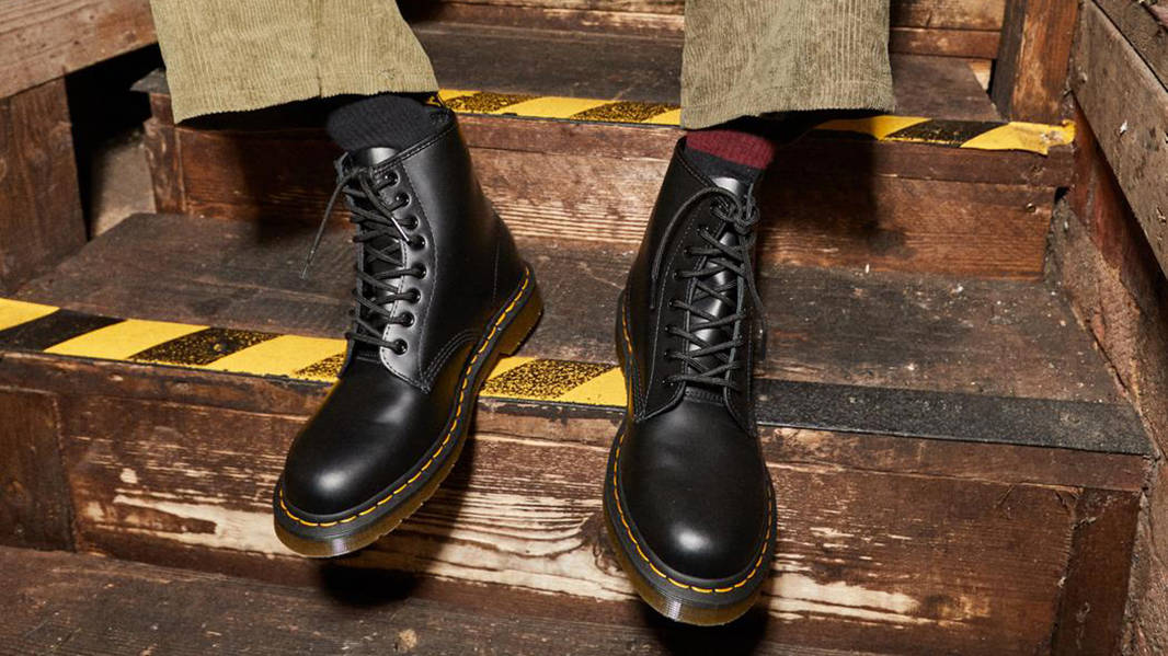 Dr Martens 8 Eye Lace Boots Black 11822006 on feet