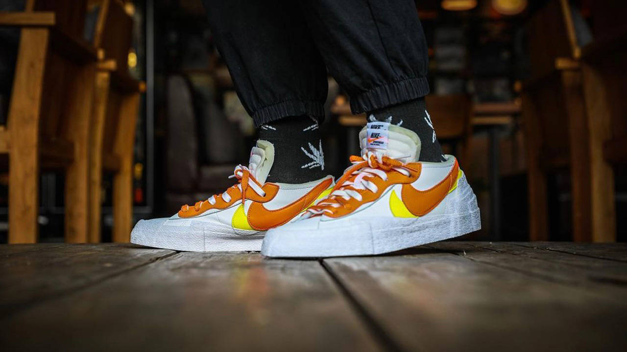An On-Foot Look at the sacai x Nike Blazer Low Classic Green u0026 Magma  Orange | The Sole Supplier