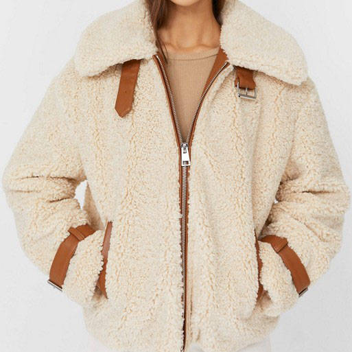 Stradivarius borg jacket with faux leather trim in ecru
