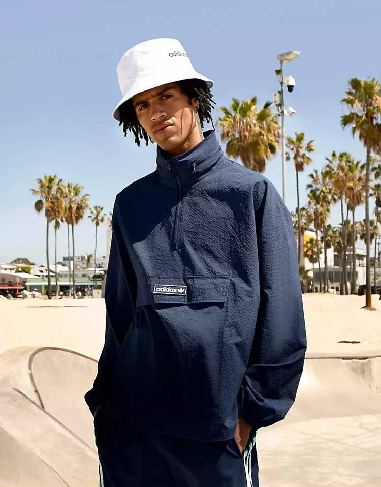 adidas Originals Summer Club Quarter Zip Seersucker Windbreaker Jacket Navy