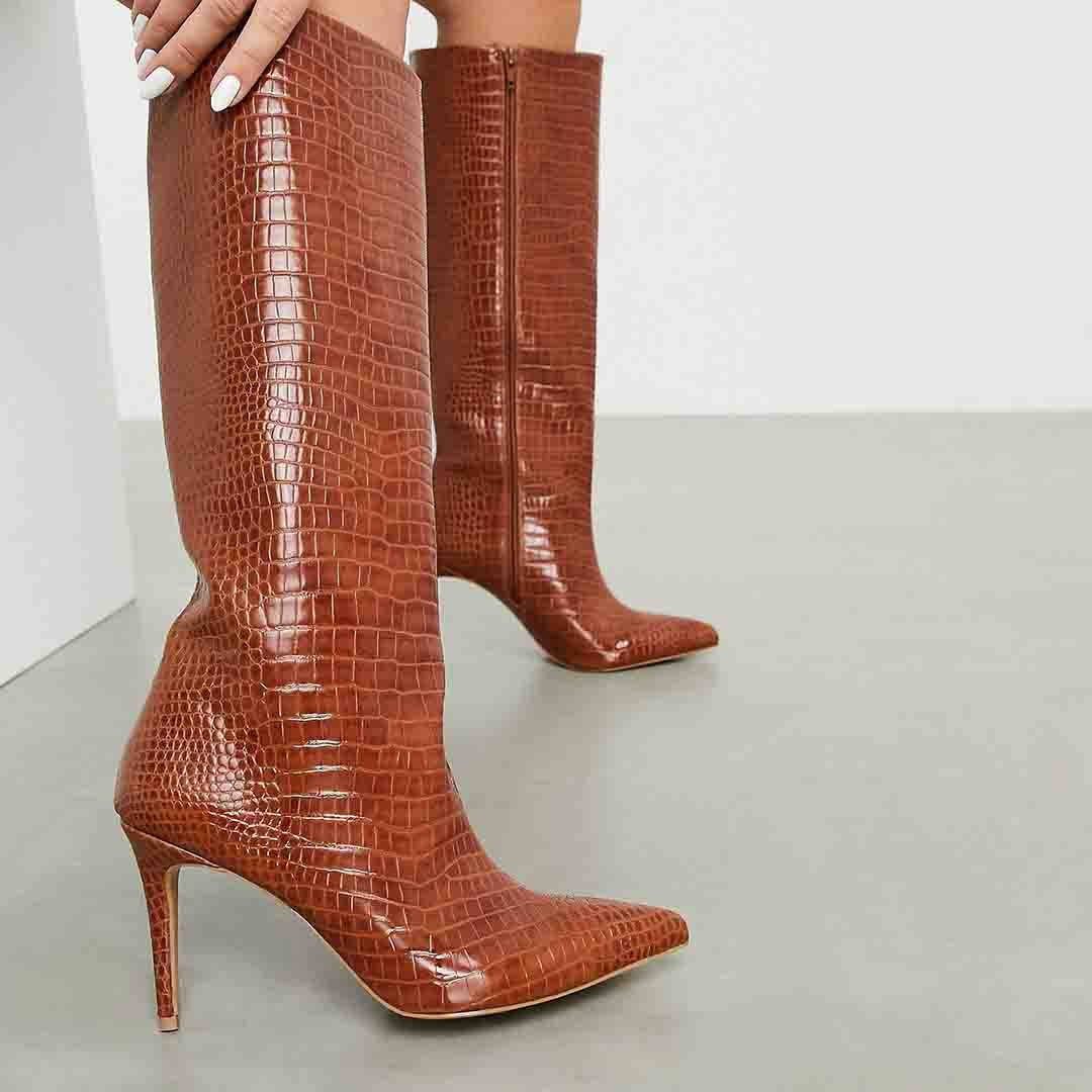 croc skin brown knee-high boots ASOS