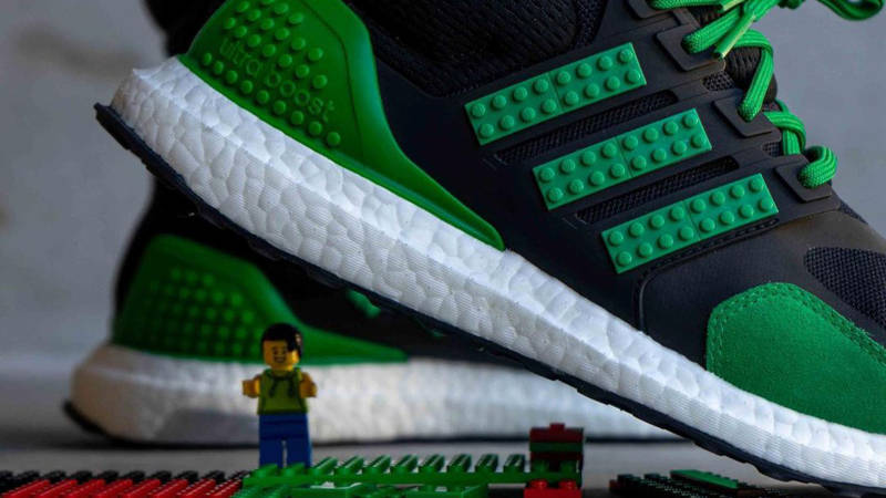 LEGO x adidas Ultra Boost Green Black On Foot Closeup