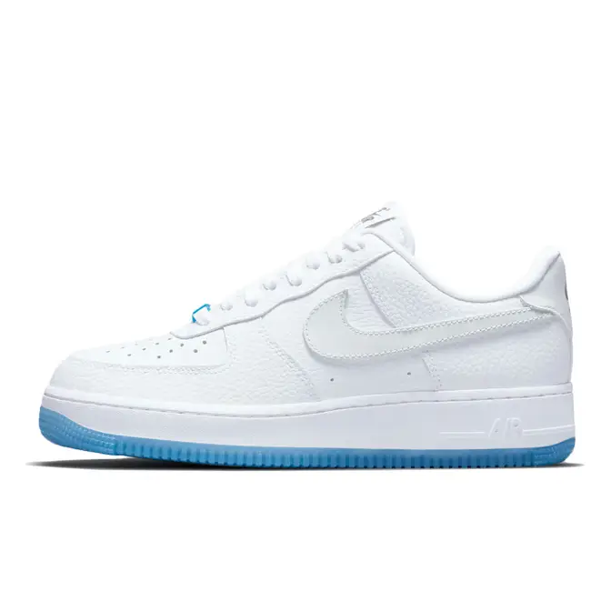 white air force ones with blue bottom