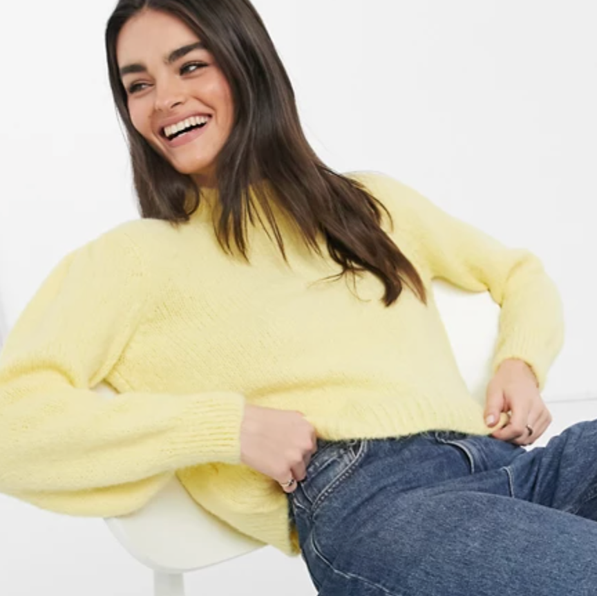 Mango puff sleeve detail soft touch jumper in lemon yellow