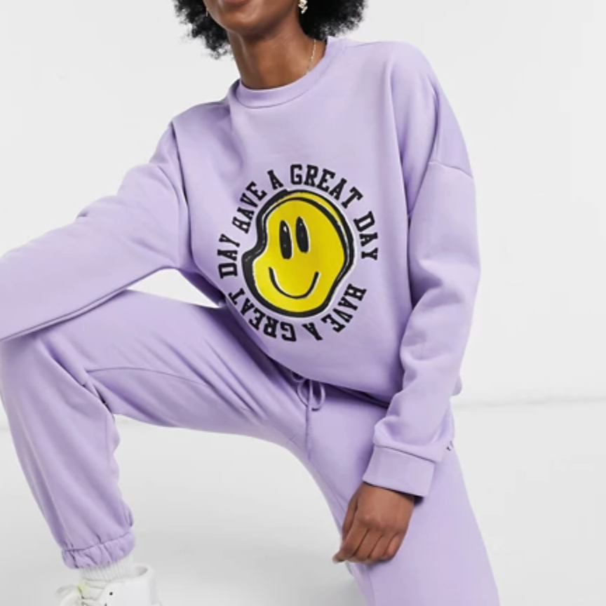 ASOS DESIGN Tracksuit Happy Face Graphic Lilac