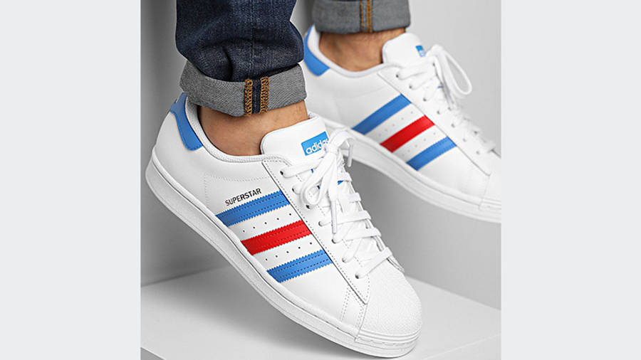 adidas Superstar White Blue Gold H68095 on foot